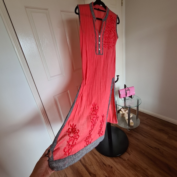 Embroidered Flower Large Pink Long Dress - Side Slits Pink Formal Dress - Picture 2 of 12